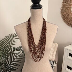 Wood Beaded Brown & Gold Long Layered Necklace